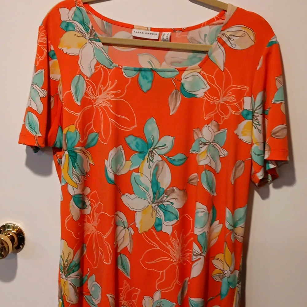 Susan Graver peach floral blouse sz L
